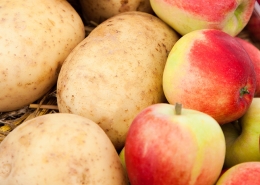 Äpfel und Kartoffeln nebeneinander auf Strohbett