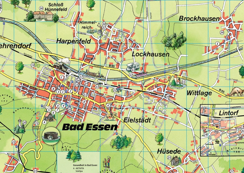 Ortsplan, Karte von Bad Essen mit Einträgen der Sehenswürdigkeiten